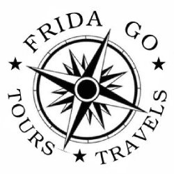 Black and white circular logo for Frida Go Tours & Travels, featuring a tilted compass and tree starts