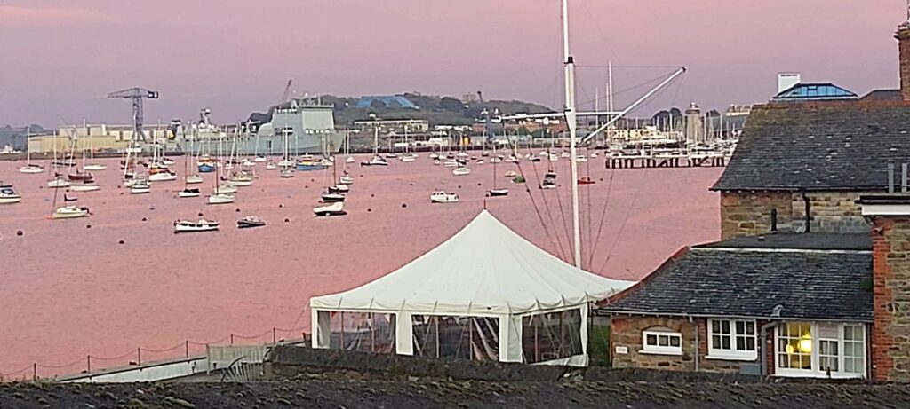 harbour filled with white boats in a pink evening light